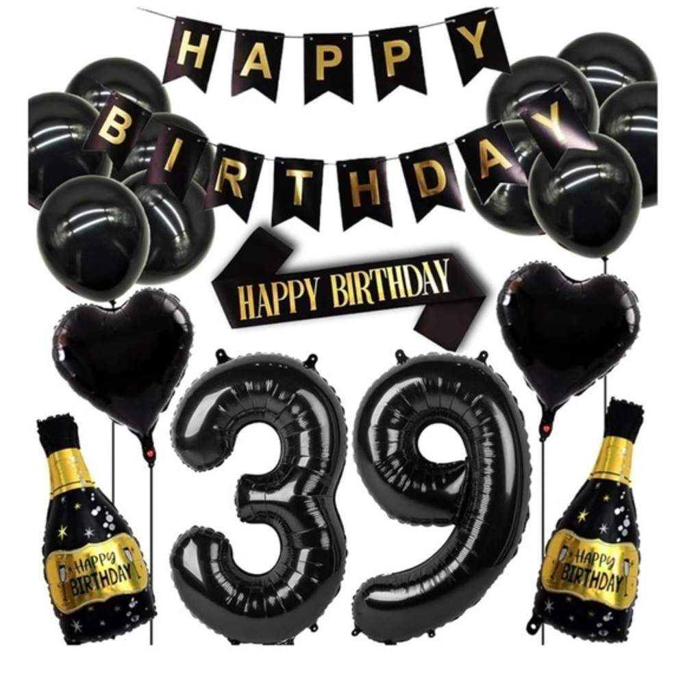 Black and Gold Birthday Party Decoration Set 39th